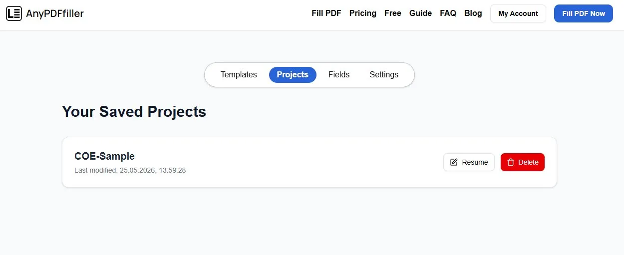 Browse saved projects screen