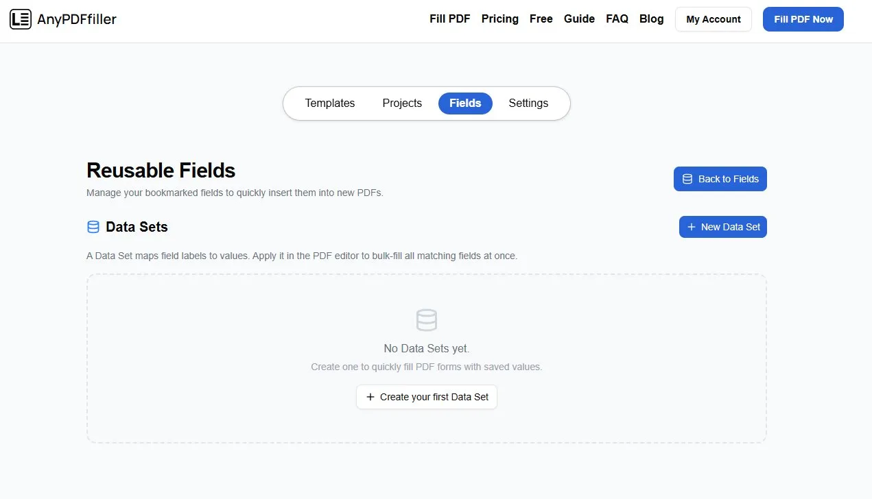 Manage Data Sets screen
